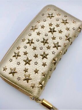 JIMMY CHOO Metallic Gold Star-Studded Crystal Zip-Around Wallet